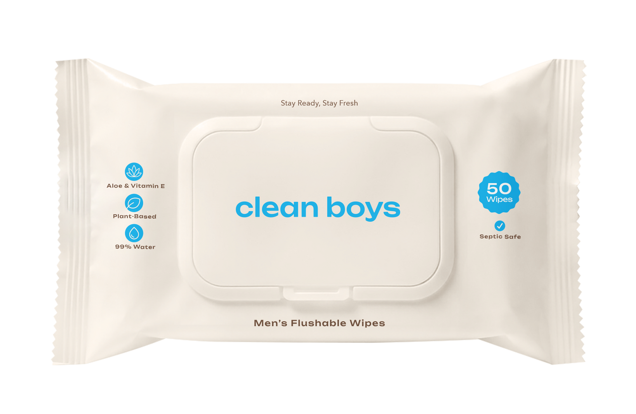 Pack of clean boys men's flushable wipes on a white background