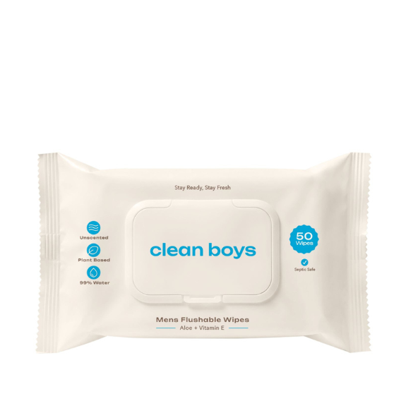 Pack of clean boys men's flushable wipes on a white background