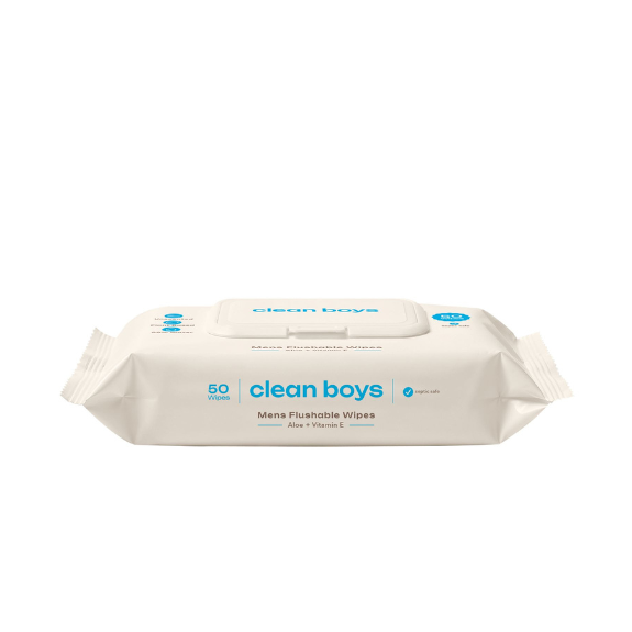 Pack of clean boys men's flushable wipes on a white background