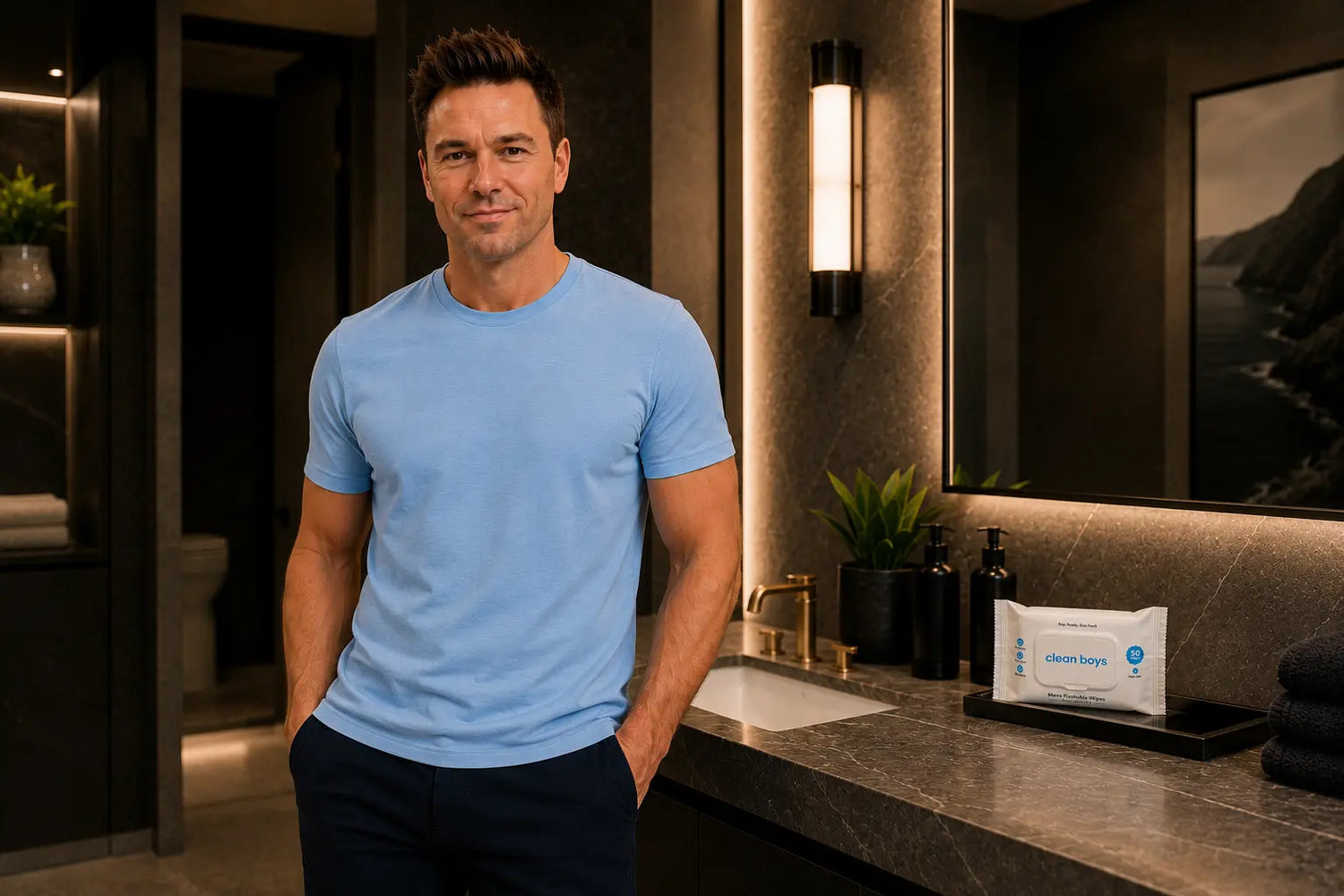 A man in a blue shirt standing in a bathroom with a sink and mirror.ready