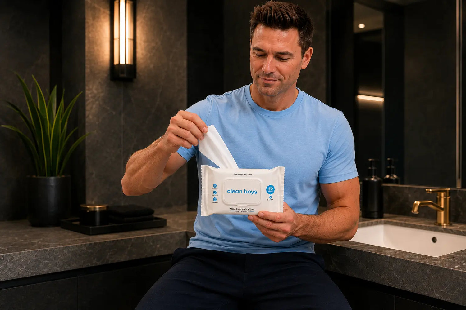 Man in a bathroom holding a package of 'clean boys' wipes.