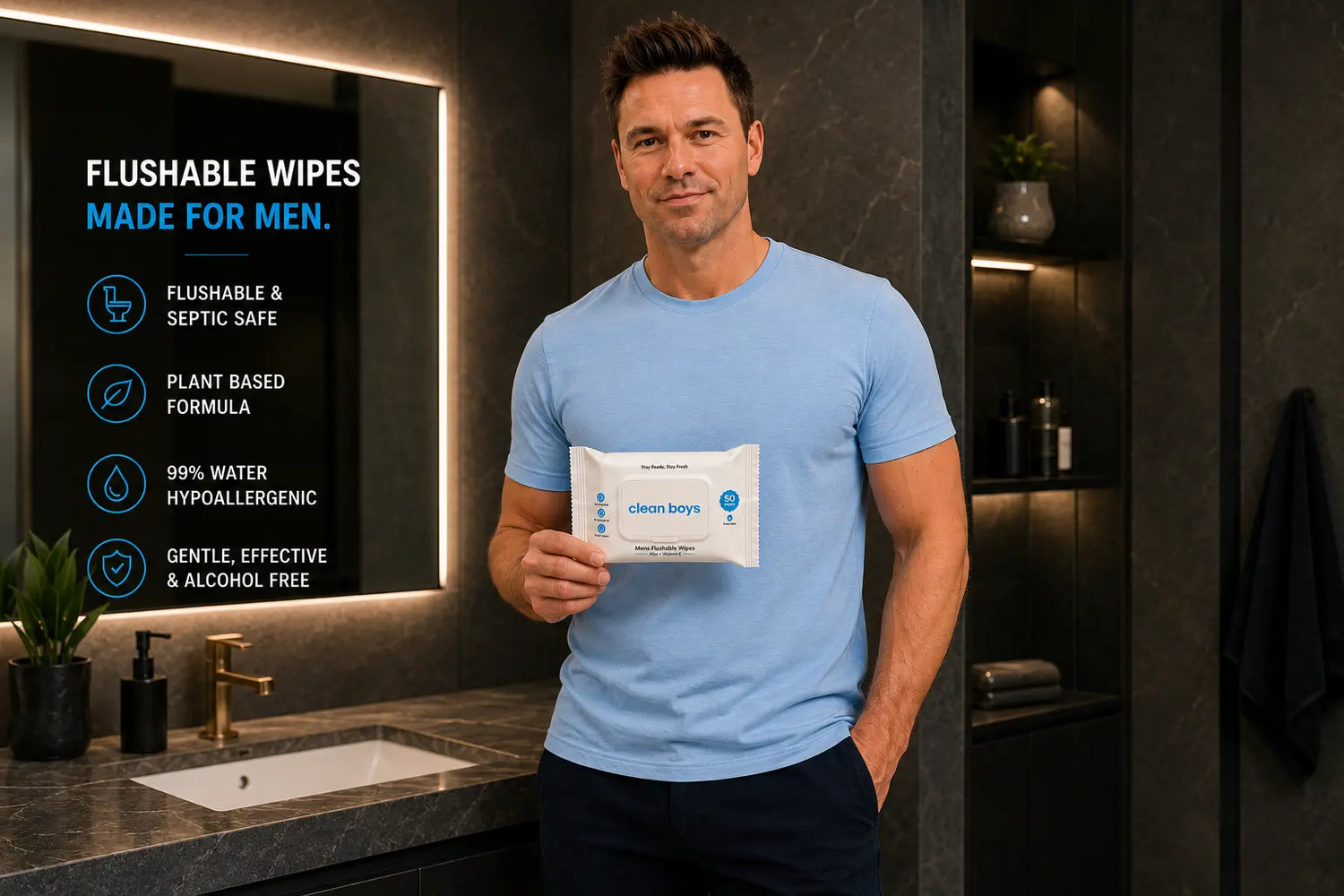 Man holding a package of flushable wipes in a bathroom setting